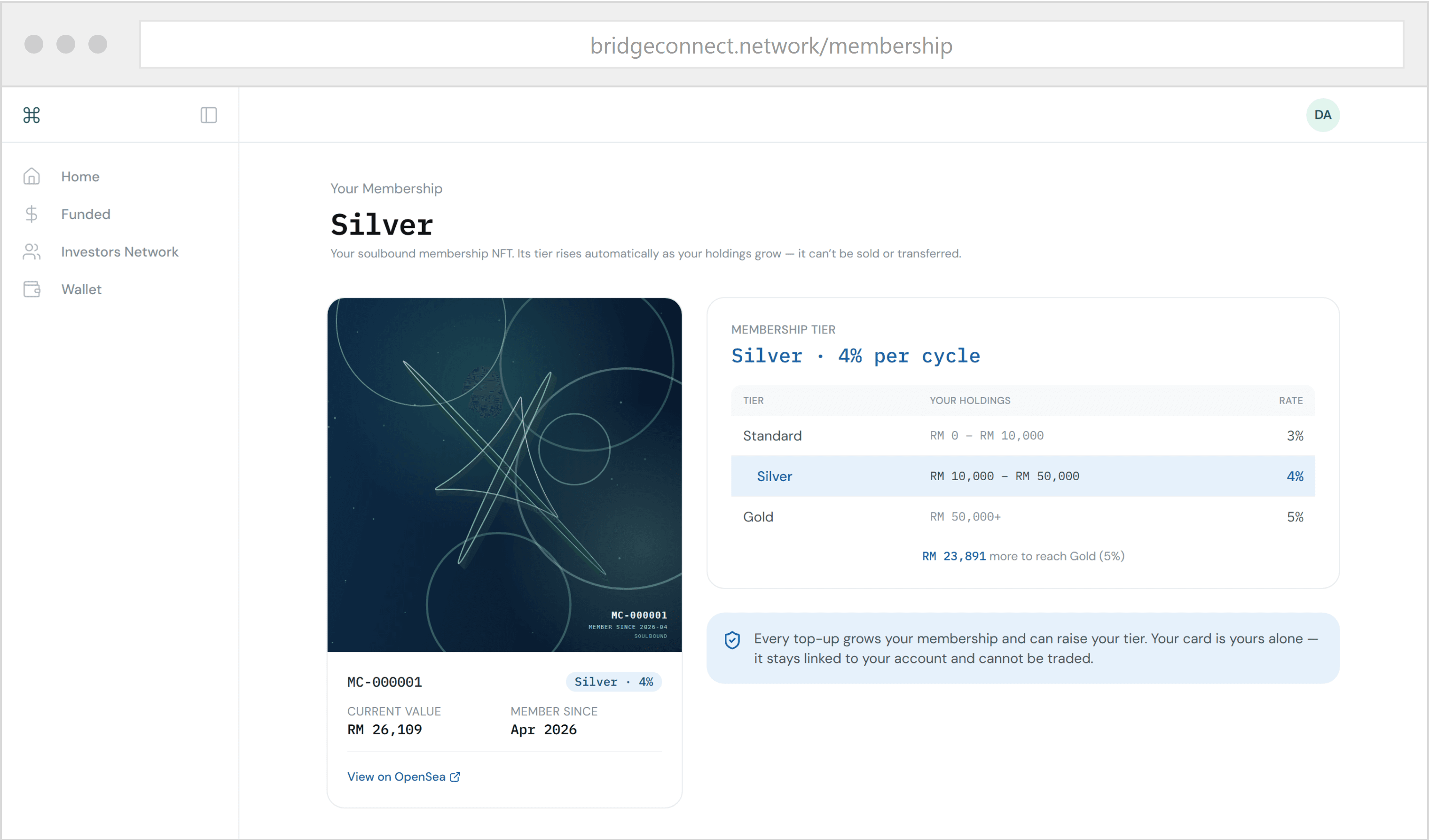 The soulbound membership card — generative guilloché artwork, minted on-chain, that can’t be sold or transferred and levels up as capital grows.