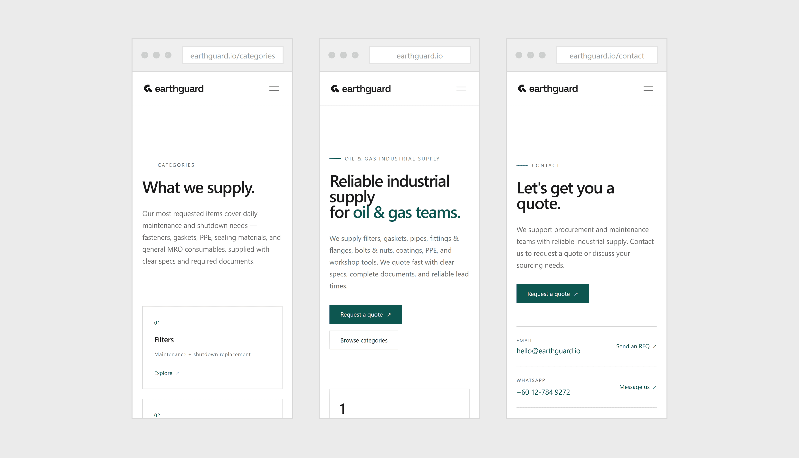 Mobile-first layout across the categories, home, and contact pages