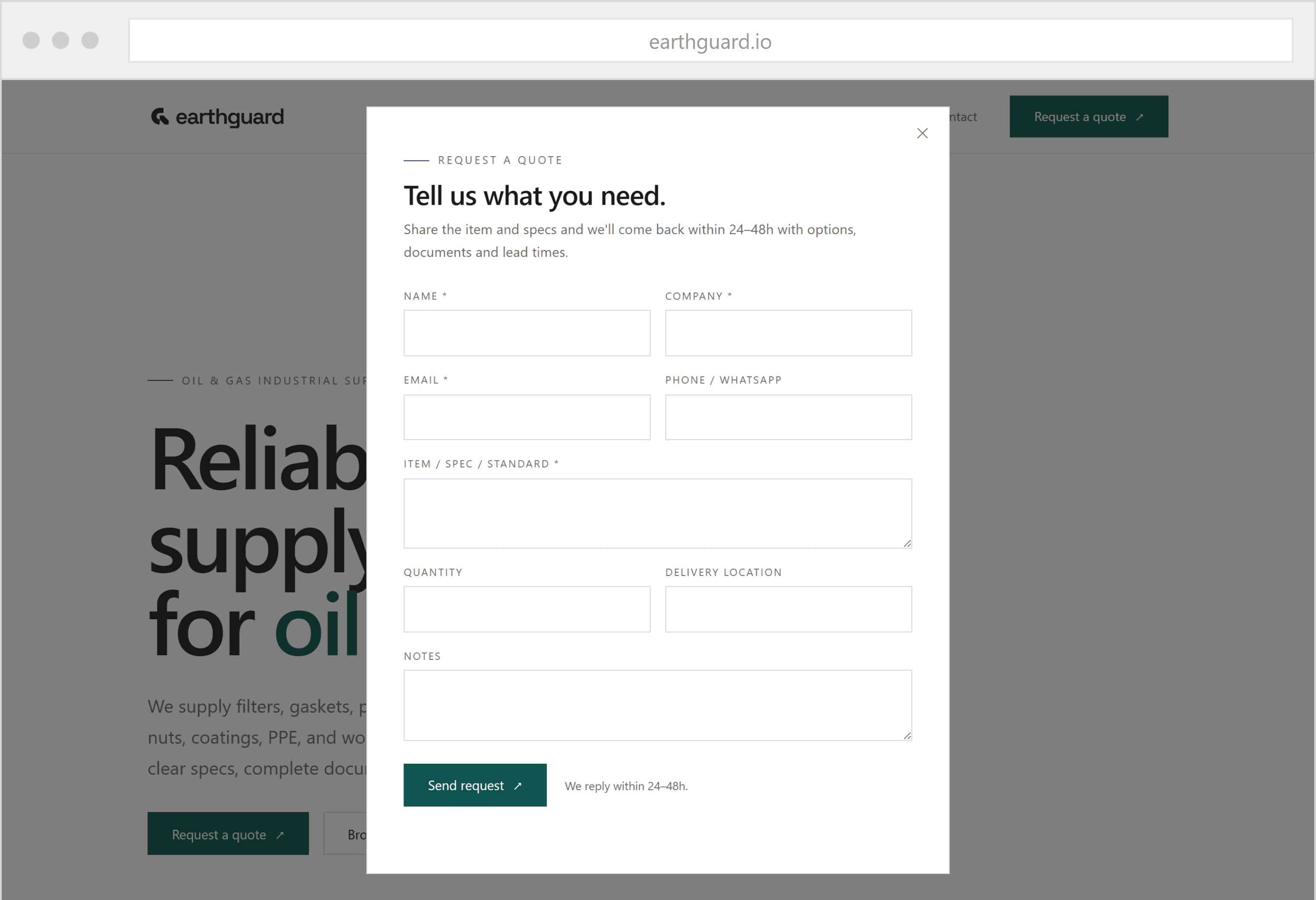 The “Request a quote” flow
